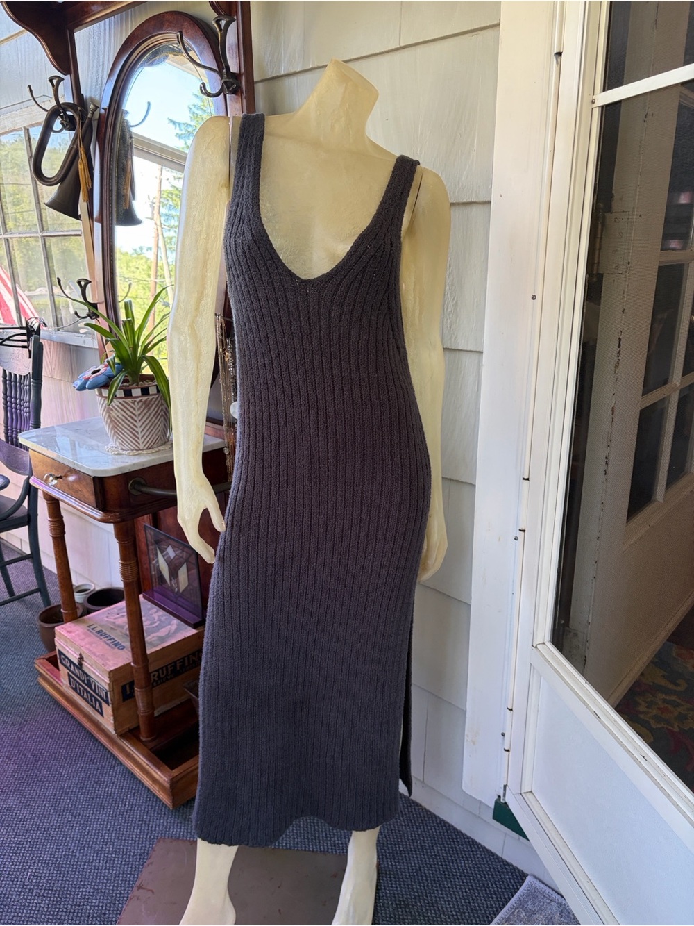 Free People “Emmy” Ribbed Sleeveless Rib Knit Midi Dress Charcoal